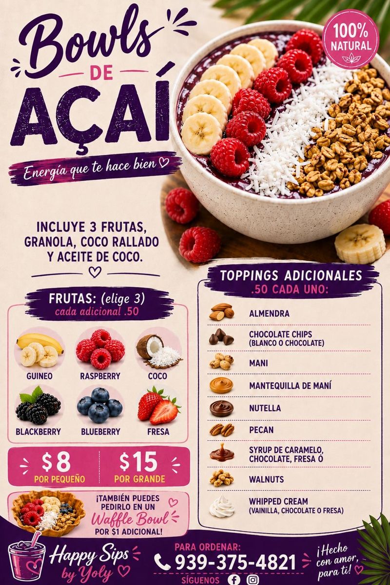 Bowls de açaí, frutas y toppings